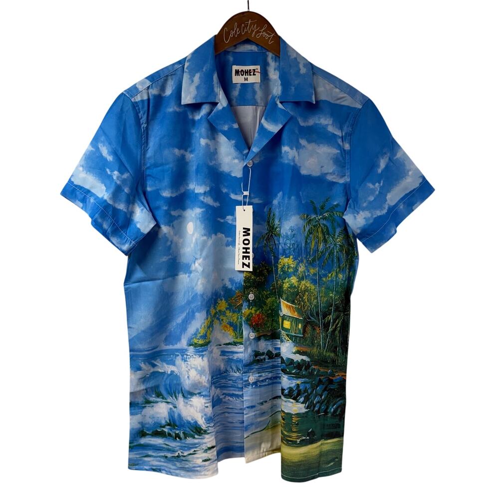 Mohez Hawaiian Printed Shirt Island Hut Button Front Collar Medium